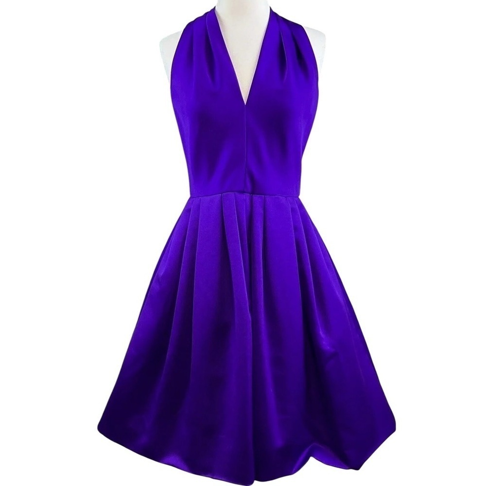 Vtg AJ Bari Halter Pleated Tulle Keyhole Back Cocktail Dress Purple Size 6